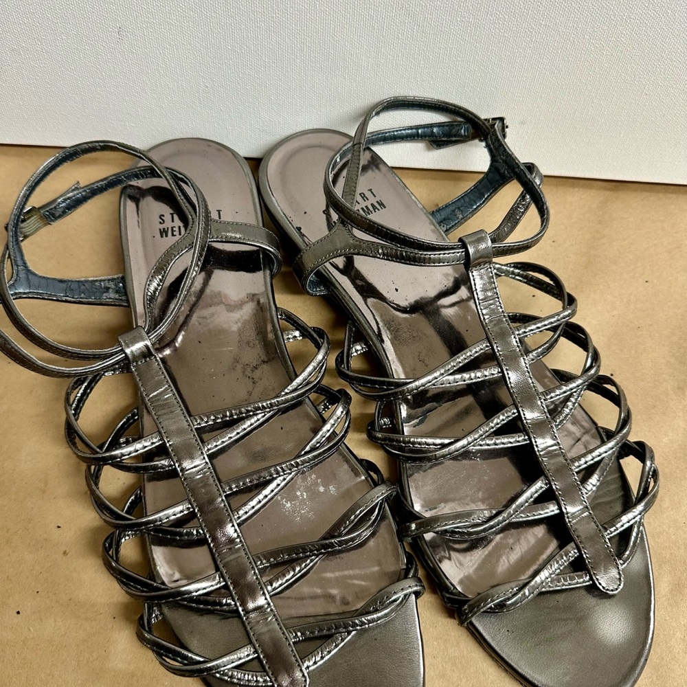 Stuart Weitzman Metallic Gunmetal Multi-Strap Sandals